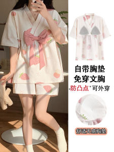 Pure Cotton Sleepwear Set with Chest Pad V-Neck Short Sleeve Short Pants Cute Student Home Clothes Two-Piece Set for Women