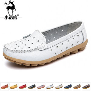 Summer Casual Nurse Style Flat Bottom Genuine Leather Womens Shoes Soft Slip-On Anti-Slip Durable Lightweight Comfortable