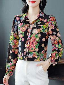 เสื้อเชิ้ตผ้าชีฟองแขนยาวพิมพ์ลายแฟชั่นสำหรับผู้หญิง ทรงหลวม สไตล์ฤดูใบไม้ร่วง ทรงเข้ารูป เสื้อผ้าทำงานสำหรับคุณแม่