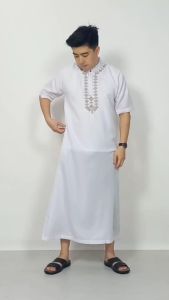 jubah gamis pria bordir putih lengan pendek