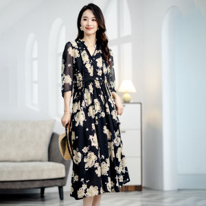 New 2025 V-Neck Silk Floral Print Dress French Style Tea Break Korean Version Sericin High Waist A-Line Midi Dress Spring Summer
