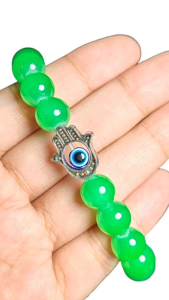 Blessed and Cleansed Jade stones with Evil Eye "Hamsa" Hand of Fatima Lucky charm protection elastic bracelet