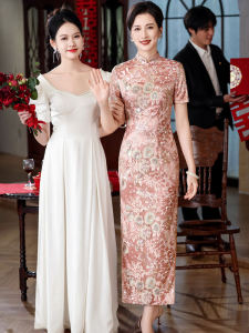 Elegant Long Cheongsam Wedding Dress for Elderly Women Short Sleeve round Collar Breathable Polyester Fiber Floral Pattern
