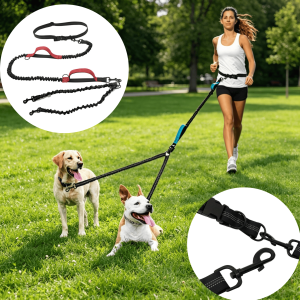 Reflective Double-Hand Handle Telescopic Pet Outdoor Traction Rope for Running Sports Portable Two Dog Leash Dragging