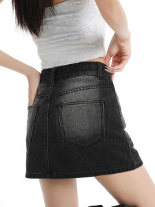 QIAOMIDUO | High Waist Denim Mini Skirt Womens Style Slimming With Lining Prevents Exposure Half Body Skirt Wrap Around Black Pants Skirt