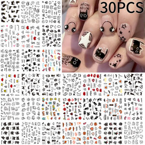 Bộ 30 Miếng Dán Móng Tay Hình Mèo Hoạt Hình 3D Họa Tiết Chữ Cái Dễ Thương Graffiti Động Vật Nơ Trang Trí Làm Móng Tự Làm