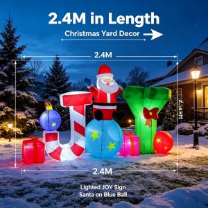 8FT Christmas Inflatable JOY Letters with Santa Claus Model Built-in LED Lights Large Outdoors Yard Lawn Holiday Party Ornaments