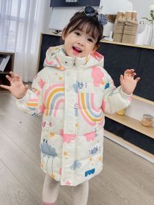 Thickened down Cotton Jacket for Girls Warm Mid-Length Padded Coat Childrens Outerwear Autumn Winter Casual Style Hooded Zipper