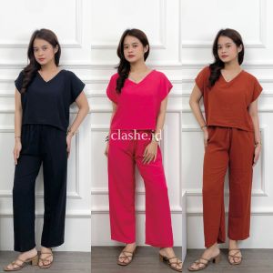 Monica Set Setelan Wanita Atasan Baju Dan Celana Panjang Crinkle Airflow Korean Style Kekinian Terbaru Ootd by Clashe