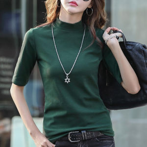 Womens Slim Fit Cotton T-Shirt Half High Collar mid Sleeve Base Shirt Spring Autumn Five Sleeve Top Korean Style Commute
