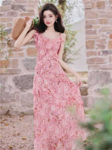 Super Nice Pink Ruffles Chiffon Floral Strap Dress Tea Break French Fairy Dress Elegant Fairy Long Dress