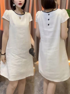 Summer 2025 Fashion Short Sleeve Womens Dress Loose Casual Slimming Solid Color High Waist A-Line Skirt Korean Style Dress
