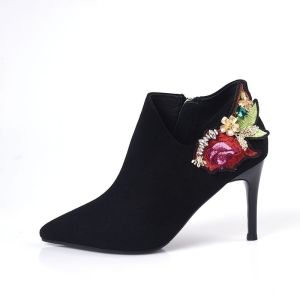 Zuse Embroidered Short Boots High Heel Pointed Toe Winter Fashion Show Special Diamond Stitched Leather Sharp Headed Ankle Boots