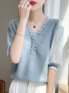 plus Size Summer Kimono Sleeve T-Shirt Womens Short Sleeve V-Neck Lace Silk Ice Silk Knitted Shirt PlusMM Concealed Weightloss Effect