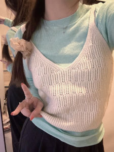 ชุดเสื้อกั๊กถักสั้นสีเขียวมิ้นต์ ชุดแฟชั่นสองชิ้น ชุดทำงานฤดูใบไม้ผลิและฤดูใบไม้ร่วง ชุดกระชับสิ่งมีชีวิต ชุดทำงานลำลอง