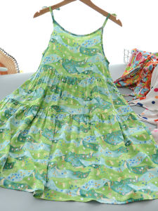 Princess Style Floral Cotton Silk Dress Summer Childrens Clothing Girls Strap Dress Beach Skirt for 5-13 Years Old Kids