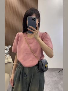 Puff Sleeves ~ Minimalist Solid Color Low Neck Wool Knitwear Womens European Station 24 Spring and Autumn Slimming Western Style All-Matching Short Sleeve