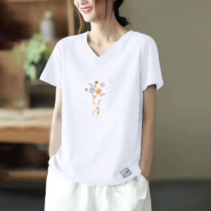 Pure Cotton Short Sleeve T-Shirt Womens Summer Fashion Simple V-neck Print Inner Wear Top Commute Style Regular Length