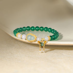 ZHOU LIU FU 周六福 925 สร้อยข้อมือเงินสเตอร์ลิง ผีเสื้อ น้ำเต้า chalcedony สร้อยข้อมือหยก 17cm J1914596