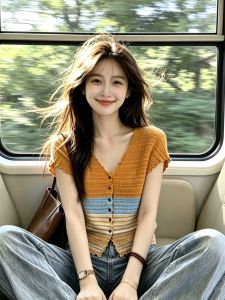 YUEZHONGWEI | Contrast Stripes V-Neck Scallop Ice Silk Knit Cardigan Women Short Style 2026 Summer New Slim Fitting