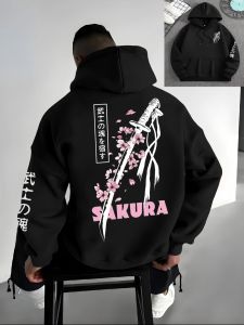 European and American mens autumn cherry blossom samurai sword print comfortable and soft hooded sweatshirt outdoor street top