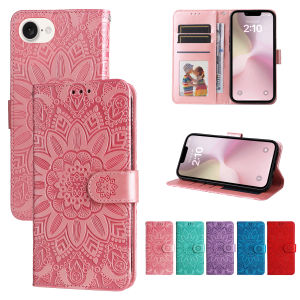 Magnetic Leather Wallet Flip Case for iPhone 16e 16 15 14 13 12 11 8 7 Plus Pro X XR XS Max Cover | Sunflower & Embossed Design