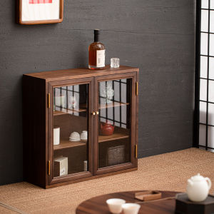 ตู้เก็บของขนาดเล็กบนโต๊ะไม้วอลนัทตู้เก็บของไม้แท้ใช้ในบ้านชุดน้ำชาในห้องน้ำชาโถใบชาตู้กันฝุ่นตู้เก็บของ