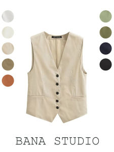 Womens Thin Sleeveless Linen Blazer Vest Summer 2025 New Style Button Detail Pure Color V-neck Regular Length Single-Button