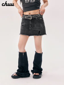 Chuu Embroidered Letter Denim Mini Skirt Womens High Waist A-Line Short Skirt with Shorts Vintage Hole Ripped Cotton Blend