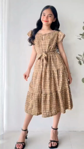 Nefrity Freeyah Tweed Trendy Ruffle Belted Layered Midi Dress for Kids Ages 7-12 Crepe Fabric Comfortable Unique Stylish Design Perfect for Any Occasion
