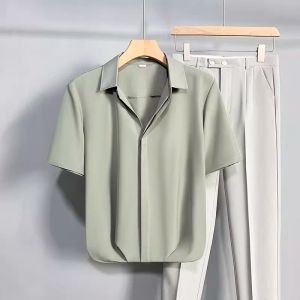 Business Casual Ice Silk Short Sleeve Shirt Mens Summer Thin Loose Drapey Top Pure Color Youth Popular Sharp Collar Shirt