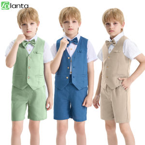 LOlanta 4Pcs Boys Linen Suit Summer Gentleman Outfit Kids Vest Shirt Shorts Bowtie Set for Beach Wedding Graduation 5-12Years
