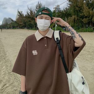 American Style Loose Short Sleeve Polo Shirt Summer Casual Wear for Men Vintage Plaid Pattern No Brand Registered Trademark