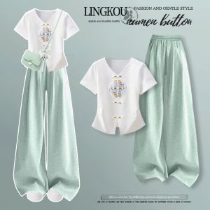 NUMEN BUTTON | Summer Lazy Style Chinese Traditional V-Neck T-Shirt and High-Waist Casual Pants Set