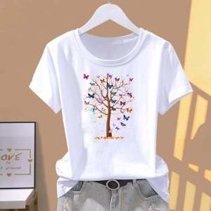 เสื้อยืดคอกลมแขนสั้นแฟชั่นสำหรับผู้หญิง ลายพิมพ์ลายผีเสื้อ ทรงหลวม สไตล์ลำลอง ฤดูร้อน 2023 เสื้อยืดคอกลมลายพิมพ์ทันสมัย