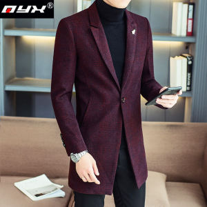 เสื้อโค้ทผ้าขนสัตว์ทรงสลิมฟิตสำหรับผู้ชาย สไตล์อังกฤษเกาหลี แขนยาว ปกสูท สีแดง ขนสัตว์ ฤดูหนาว เสื้อโค้ทผ้าขนสัตว์