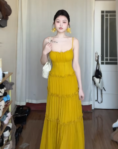 CHANGTONG | Elegant Beach Vacation French Yellow Fitting Dress