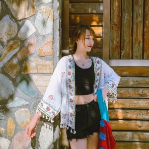 25570 Razzela Embroidered Cover Up Outer Cardigan Retro Vintage Bordir Motif Panjang Wanita Oversize Hitam Atasan