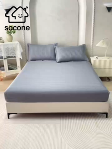 Socone Stripe Satin Fitted Sheet 3in1 Wrinkle Resistant Stretch Bed Cover With 2 Pillowcases Hotel Style Striped Mattress Protector Bedding Set