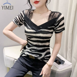 Áo thun nữ Yimei chạm khoét cổ chữ V áo lưới lấp lánh mới mùa hè 2023 Áo thun in chữ cái thời trang áo dáng ôm