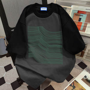 Pure Cotton American Summer Black Patchwork Dark Gray Short-Sleeved T-shirt Female Special-Interest Design Loose Easiest for Match Raglan Contrast Color Top Clothes