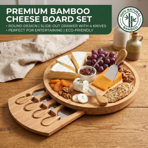 Round Bamboo Cheese Cutting Board with Knife Storage Drawer Charcuterie Serving Tray
