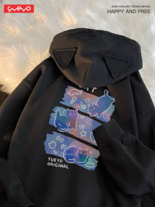 Yueyo Cat Ear Coat Colorful Three Cat Sweater Casual Fleece-lined Hooded Men Fun Printing Original Fashion Brand Design