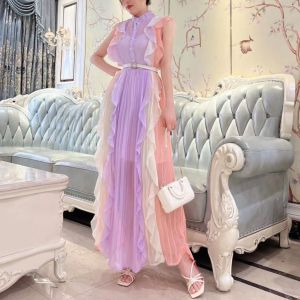 TM 12620 Mimosa patchwork pleated ruffle Maxi dress import wanita model terbaru