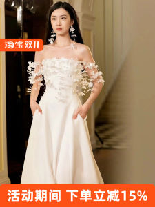 เรียบหรู สไตล์ฝรั่งเศส งานแต่งงาน เดรส ผ้าซาติน หนัก งานปัก เจ้าสาวทางเข้า สีขาว ปรับแต่ง ทางการ สวมใส่โรงแรมในร่ม