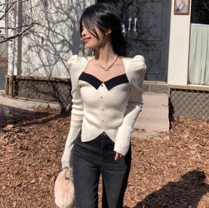 French Elegant Knit Square Neck Crop Tops Women Trendy Korean Style Puff Sleeve Slim Blouse for Women(40-65kg)