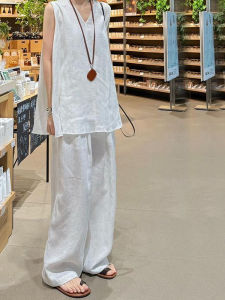 Casual Cotton Linen Sleeveless Top Wide Leg Pants Two Piece Set High Waist Long Pants Comfortable Summer New Arrival