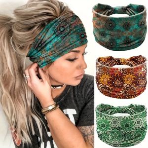 other | Bohemian Wide Knotted Headband Soft Elastic Sweat Absorbing Head Scarf Fashion Hair Decor for Women Running Yoga Fitness Sport