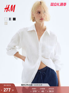 H&M Womens Shirt 2025 Winter New Linen Loose Draped Feel Thin Outerwear Micro Shoulder Drop Shirt Long Sleeve Turn-down Collar