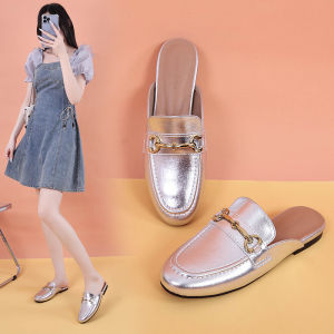 Womens Flat Bottom Slip-On Mule Summer Shoes Leather Easy Wear Platform Flats Commute Buckle Decorated Casual Slippers